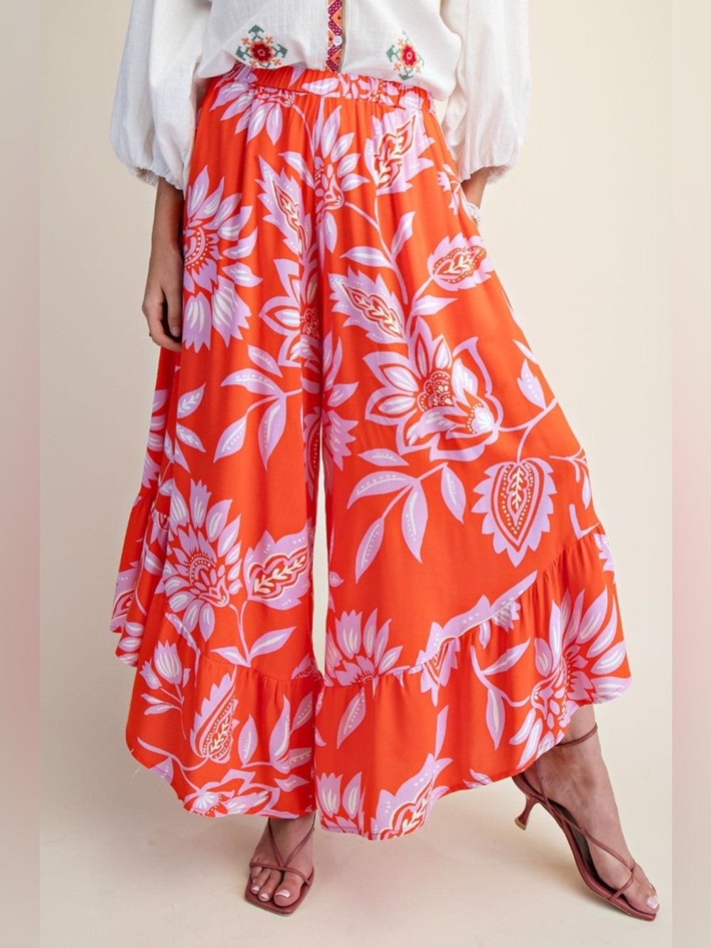 easel Orange Floral Wide Leg Pants